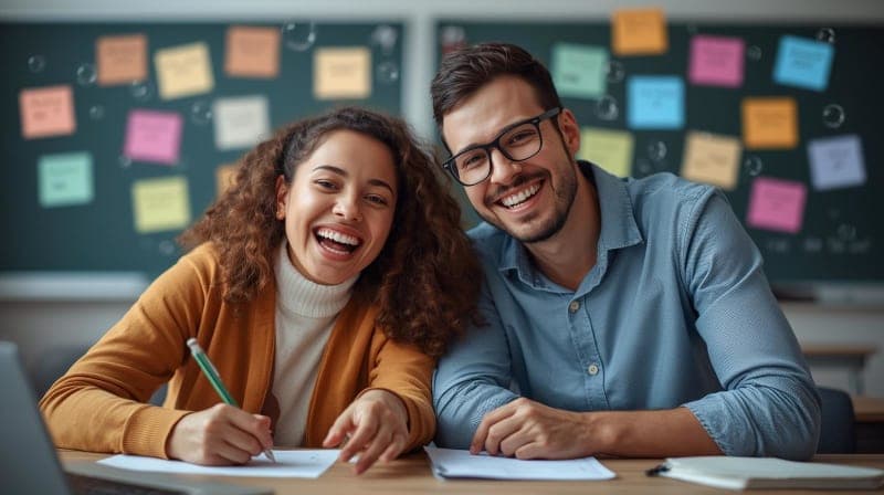 Smiling teacher and student with feedback bubbles